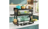 2-Tier Over the Sink Dish Drying Rack - Black Expandable Kitchen Organizer with Cover