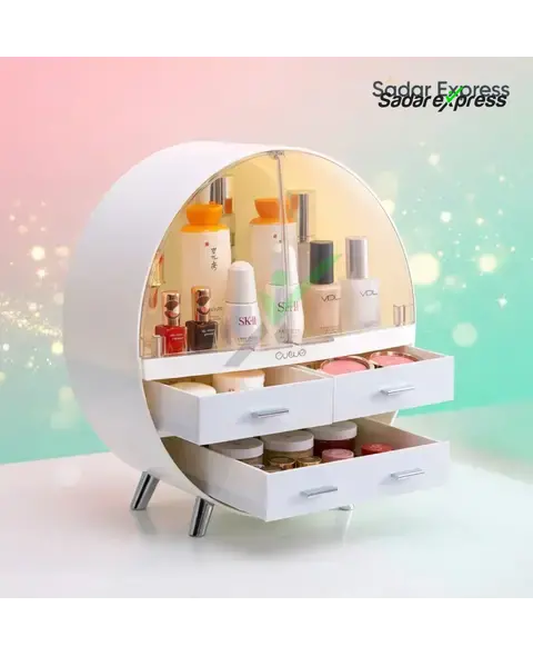 3 Drawer Round Dustproof Vanity Box - Premium Makeup & Cosmetic Organizer with Mirror
