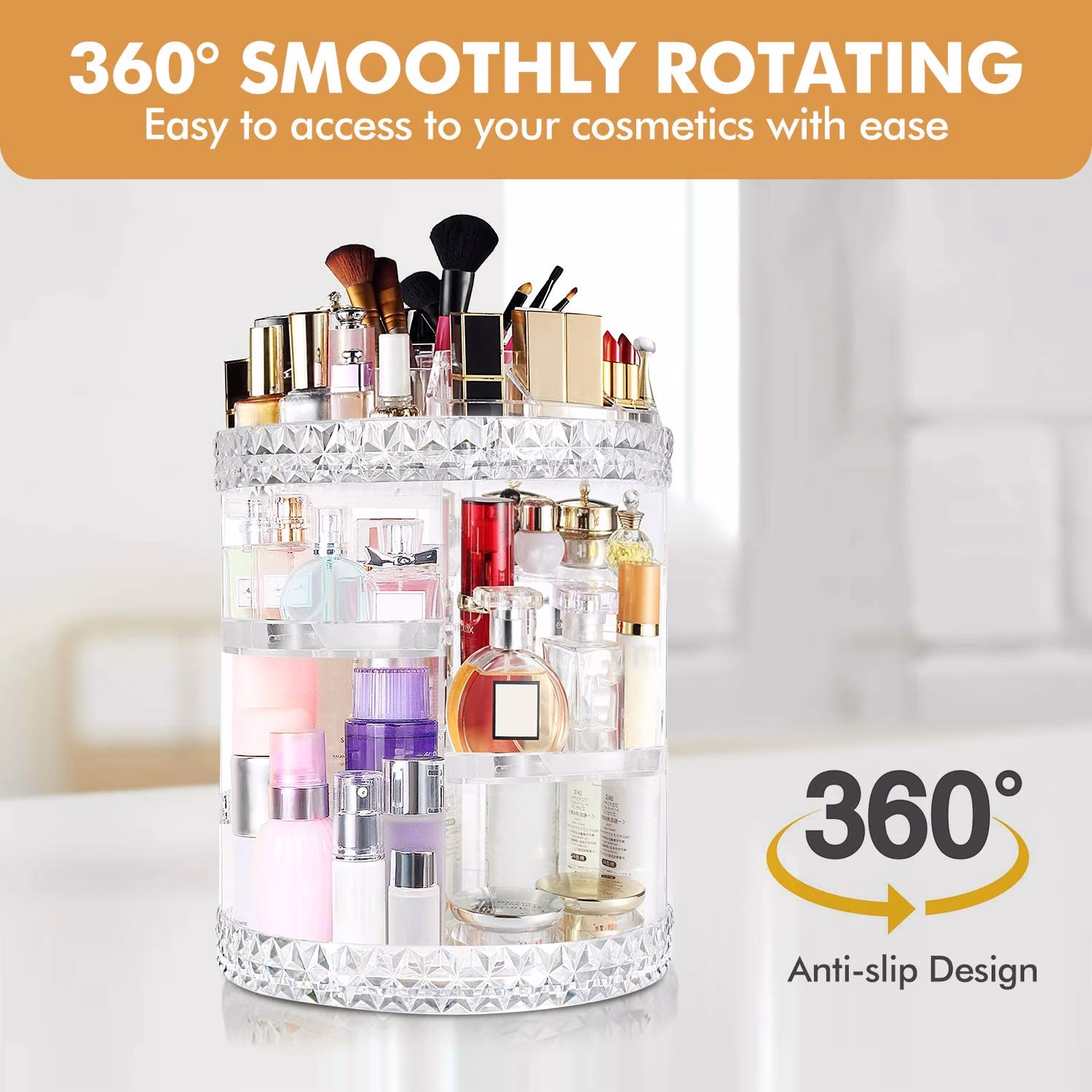 Diamond Acrylic 360 Makeup Organizer 360 Rotating Cosmetic Organizer with Brush Lipstick Holder Storage 1 Diamond Acrylic 360 Makeup Organizer 360 Rotating Cosmetic Organizer with Brush Lipstick Holder Storage