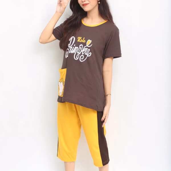 Brown & Yellow Front pocket Tee and three quarter for girls nightwear